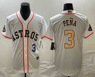 Mens Houston Astros #3 Jeremy Pena 2023 White Gold World Serise Champions Patch Cool Base Stitched Jersey